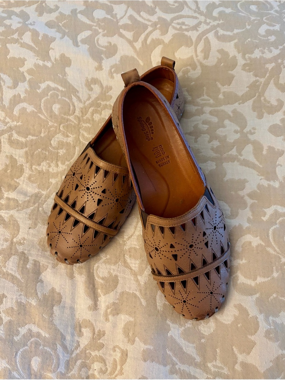 Spring Step Tan Laser-Cut Slip-On Loafers